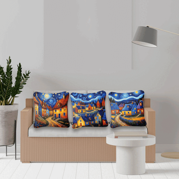 Kit de 3 Cojines Decorativos - Noche Estrellada en el Pueblo